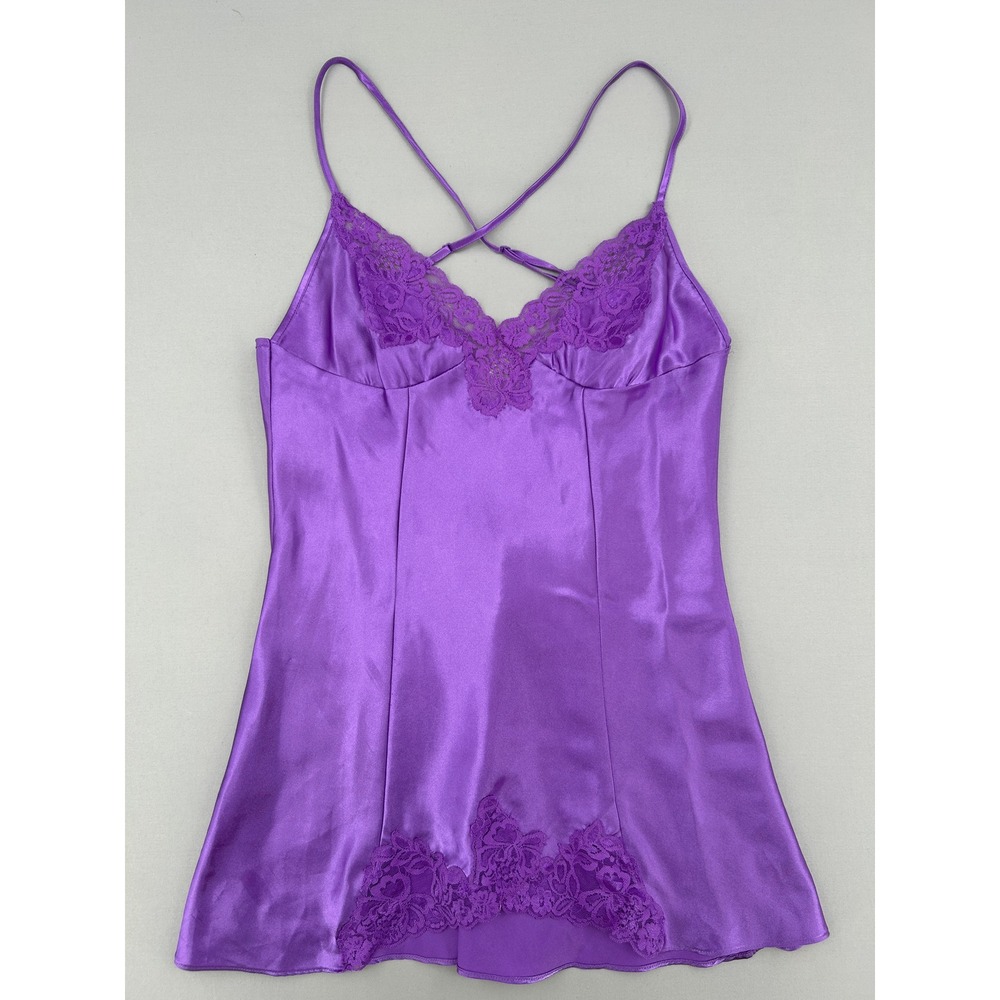 Fredericks of Hollywood Purple Satin Lace Trim Chemise Cross Back Small